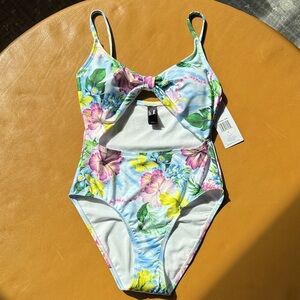 Hurley Floral Cut Out One Piece Swimsuit - Blue and Yellow Tropical Print